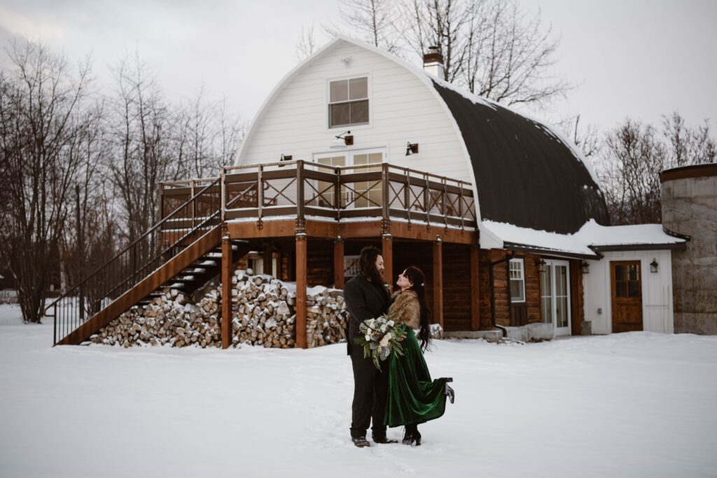Non-traditional rustic gothic styled elopement at a renovated Pioneer barn in Palmer, Alaska