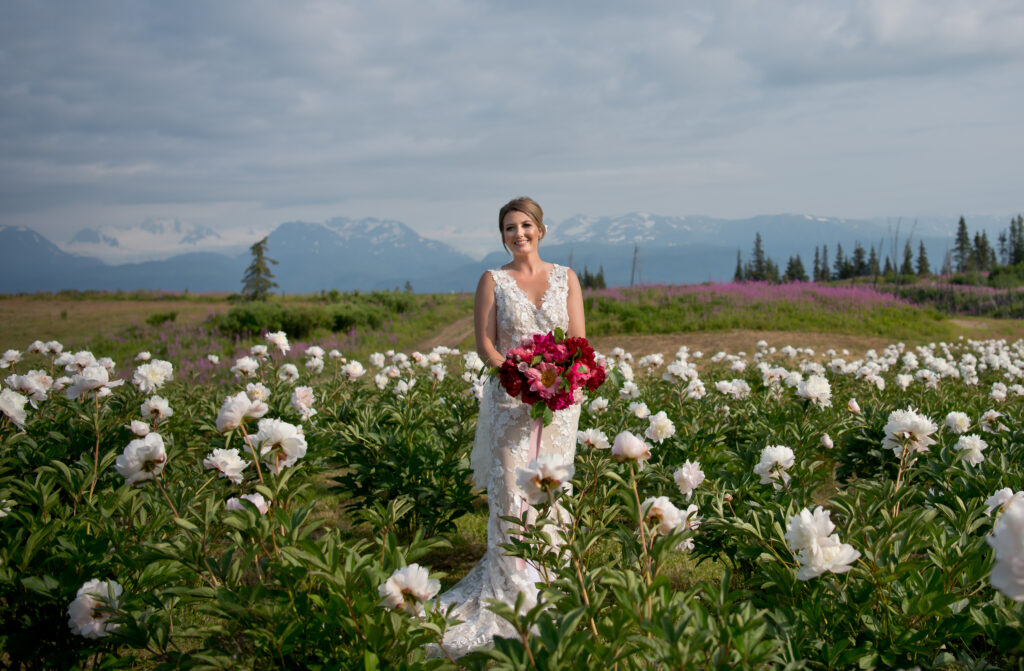 Bride in a field of Alaskan peonies.