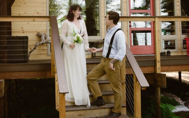 Woodland styled elopement in Seward, Alaska A frame cabin stairs