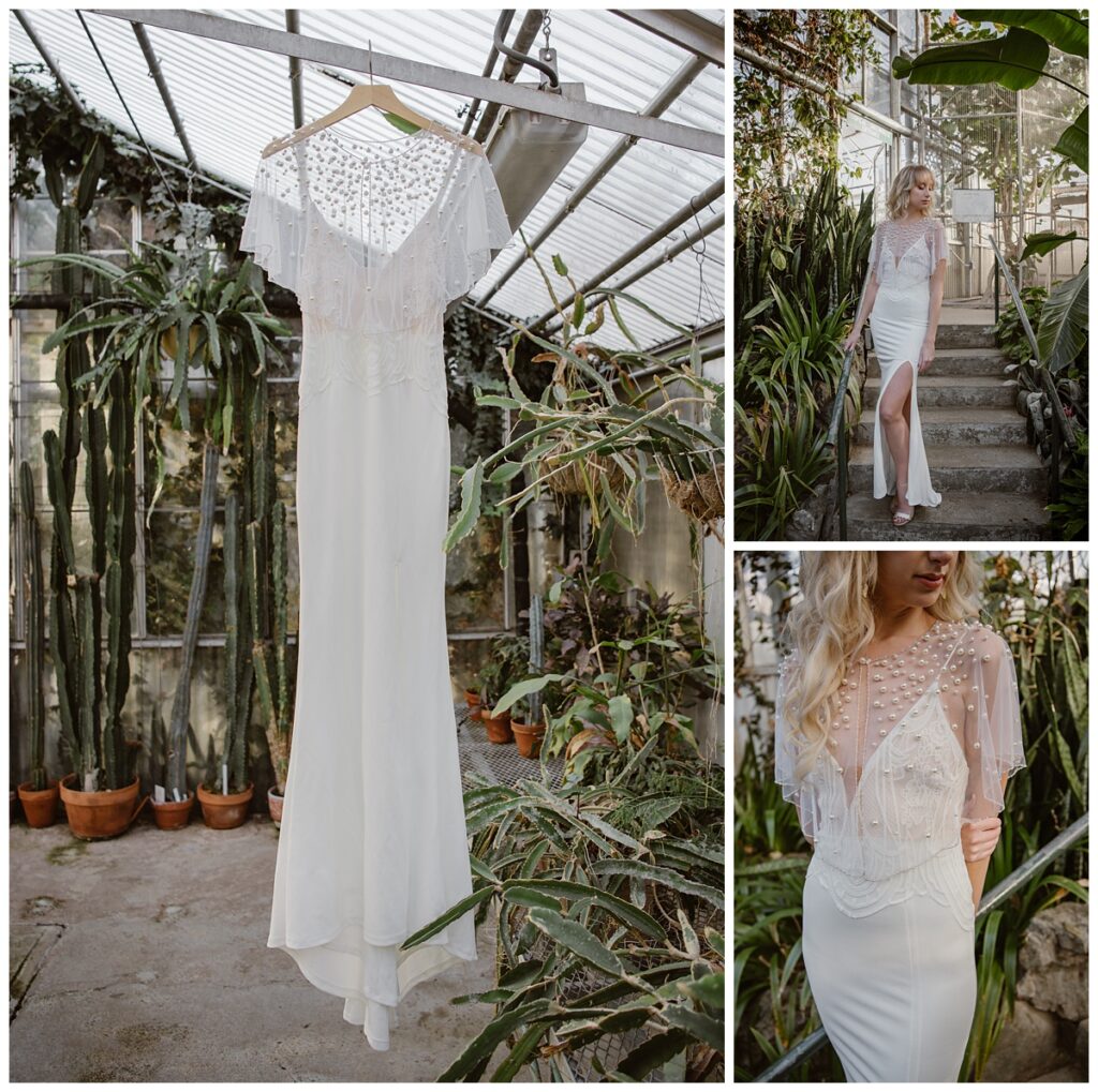 Budget-friendly bridal dress featured in a greenhouse bridal portrait shoot.