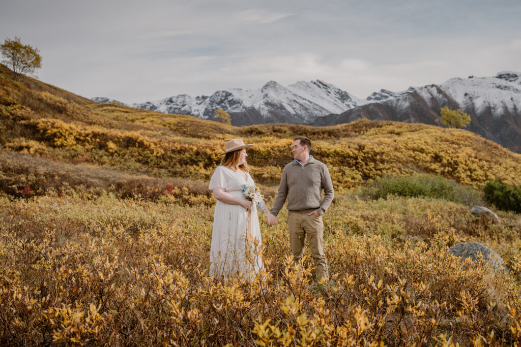 Fall vow renewal in Hatcher Pass Alaska with a dress from the Alaska Bridal Closet.